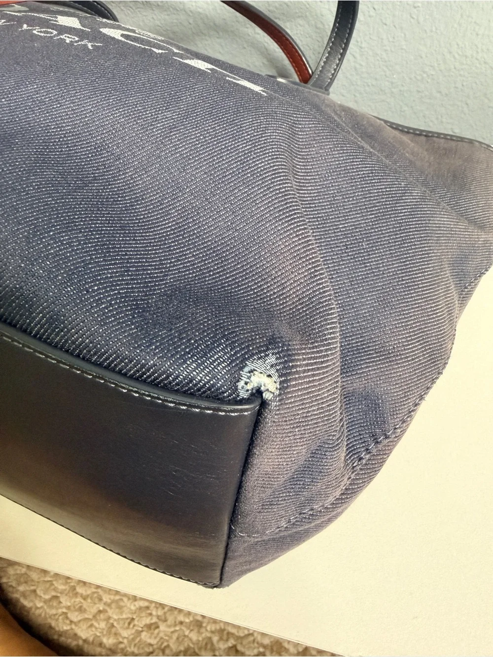 Coach Navy Canvas Tote with Brown-Trim Handles Flawed